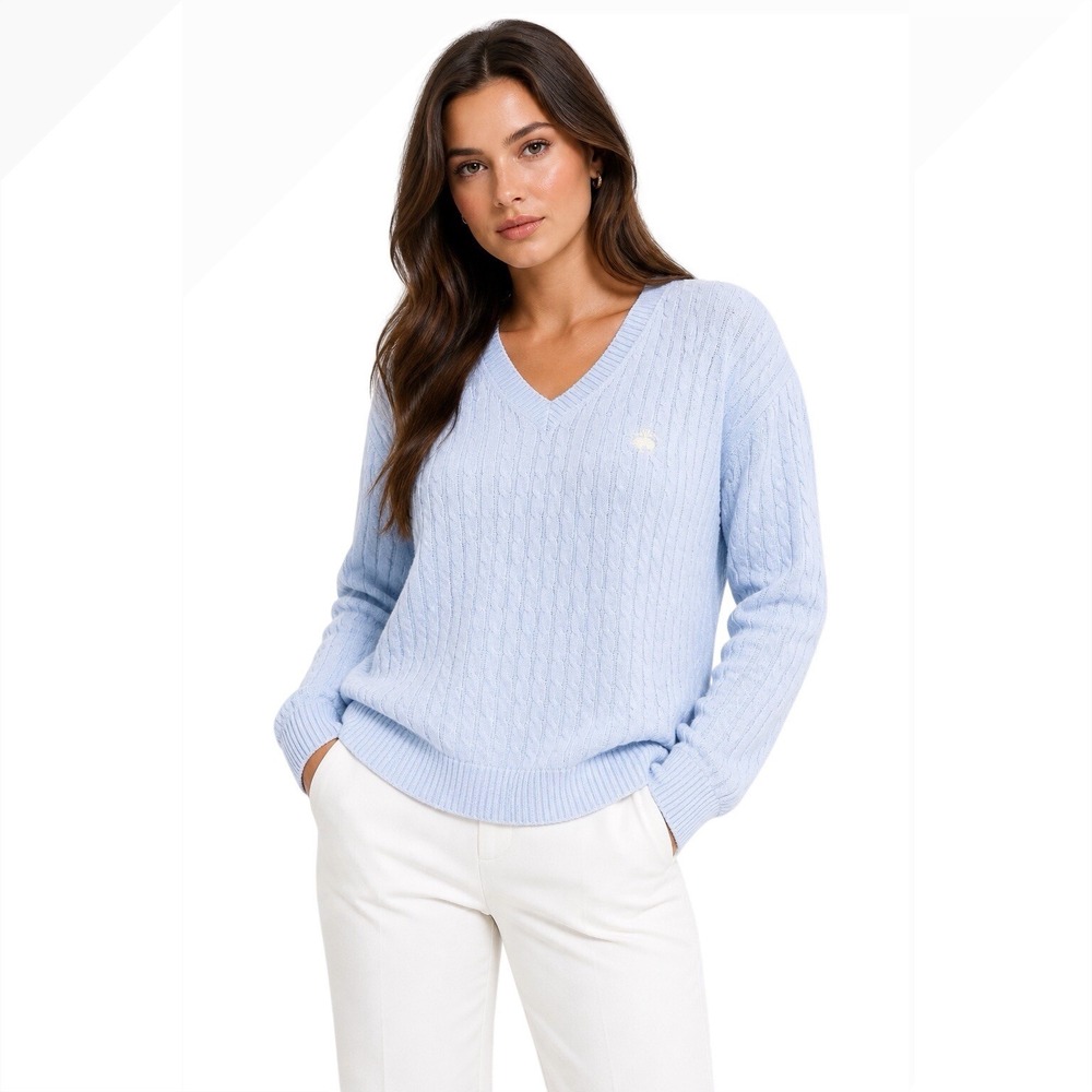 Brooks Brothers Cable Knit Sweater Blue V-Neck Cotton XL Classic